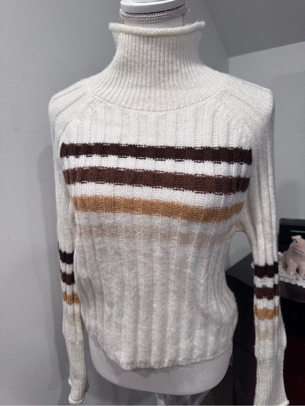 Women's Cream Ribbed Turtleneck Sweater with Brown Stripe Detail